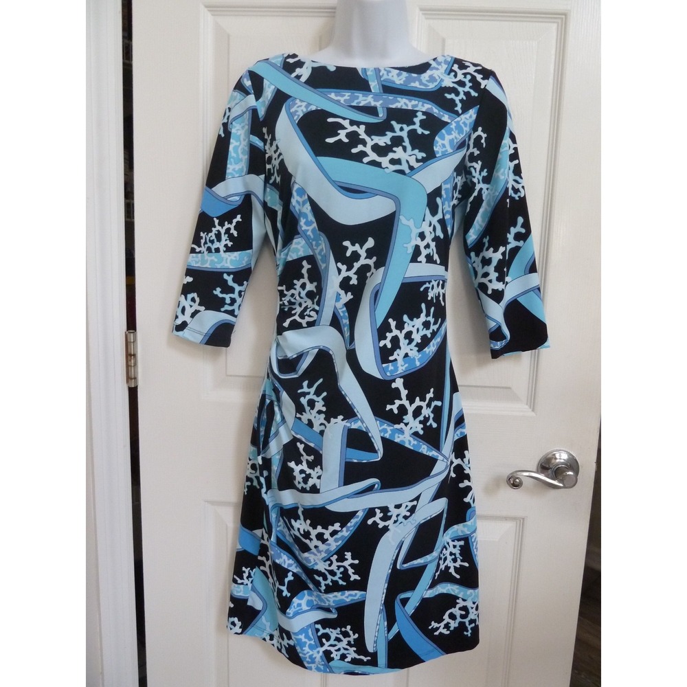J. McLaughlin Catalina Cloth Dress XS Blue Coral Nautical Boat Neck 3/4 Sleeve